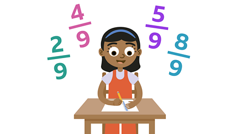 A girl sat at a table writing on a piece of paper. She is surrounded by fractions two ninths, four ninths, five ninths and eight ninths. 