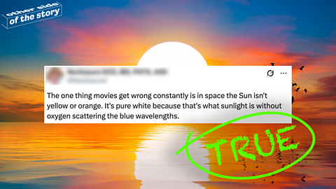 Claim #1 – The Sun isn't yellow, red or orange – TRUE A tweet on a background of the Sun - the tweet says 'The one thing movies get wrong constantly is in space the Sun isn't yellow or orange. It's pure white bnecause that's what sunlight is without oxygen scattering the blue wavelengths." A 'True" stamp is placed over the tweet.