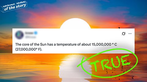 Claim #2 – The Sun's core can reach 15 million degrees Celsius – TRUE A tweet on a background of the Sun - the tweet says 'The core of the Sun has a temperature of about 15,000,0000C" A 'True" stamp is placed over the tweet.