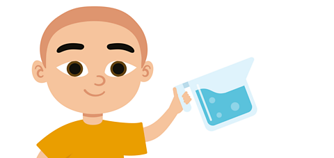 Charlie smiling and pointing to 3 glasses. The first glass is empty, the second is half full and the third glass is full to the brim.