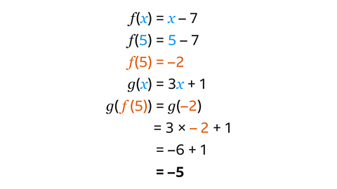 f(x)=x-7. f(5)=5-7. f(5)=-2. g(x)=3x+1. g(f(5)=g(-2). =3 × -2+1. =-6+1. =-5.