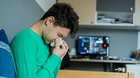 Teenage boy blowing his nose