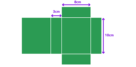 A net of a cuboid with 6 rectangles.  The length is 10cm, width 3cm and height 8cm. The rectangles are in a pattern that can be folded into a cuboid shape.