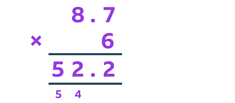 A thoughtful boy. Column multiplication shows 8.7×6=52.2.