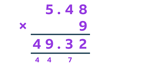 "5.48 × 9 = 49.32". Place values for tens, ones, tenths, and hundredths are labelled.