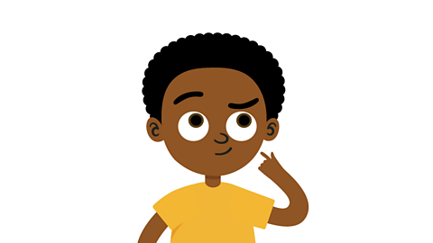 A boy looks thoughtful with one eyebrow raised, eyes looking up, mouth twisted in thought and one of his fingers pointed next to his cheek.