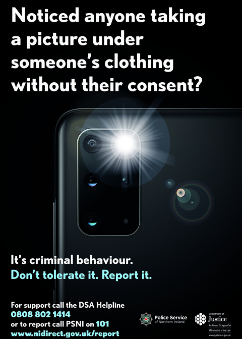 A DoJ poster showing a smart phone taking a photograph with the flash on with information about its campaign Don't do it. Don't tolerate it.