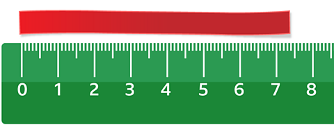 A length of ribbon lined up against a ruler the ribbon starts at 0 and ends between the 7 and 8 cm marks.