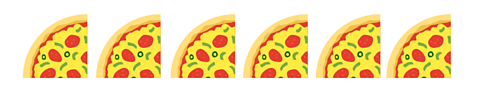Six slices of pizza. Each slice is one quarter of a whole pizza.