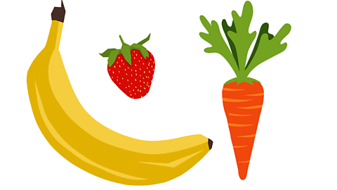 A carrot, strawberry and a banana