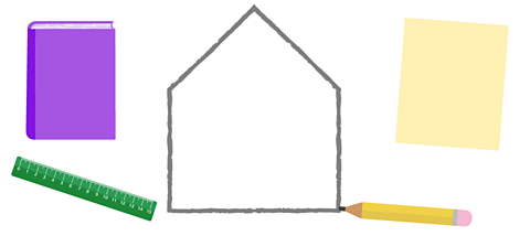 A pencil drawing a house shape with a piece of paper, book and ruler around it.