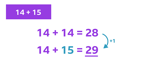 The number sentence 14 + 14 = 28. There is an arrow labelled with plus 1 pointing to the answer of the number sentence below; 14 +15 = 29.