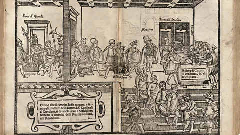Folger Shakespeare Library A 1605 image depicts the procession of stewards, guards and testers serving meals to the sequestered conclave through the "ruota" (Credit: Folger Shakespeare Library)