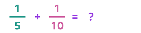 An equation that reads one fifth plus one tenth = ?