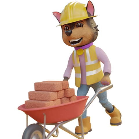 Builder-Dog with pushing a wheelbarrow with bricks in.