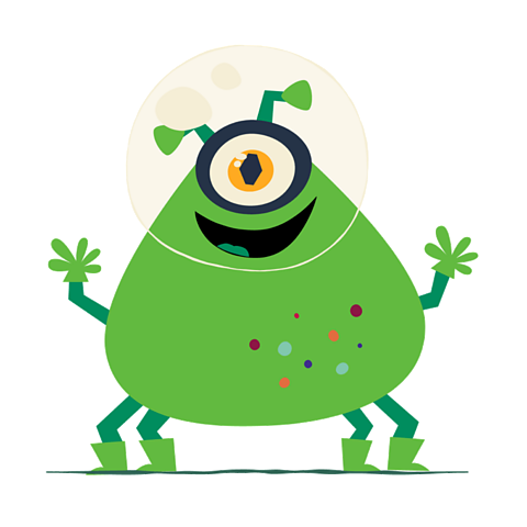 Green alien with one eye, four legs and two antennae smiling