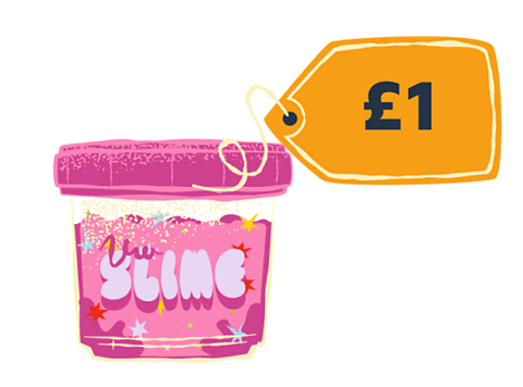 A pot of pink glittery alien slime with an orange price label that reads £1