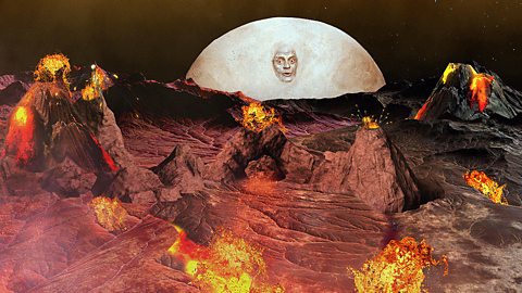 The Moon looking a bit wary as it surveys a planet full of fire and volcanoes