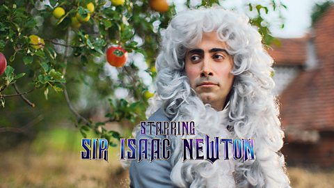 A man dressed in a white curly wig beside an apple tree, with the words Starring Sir Isaac Newton