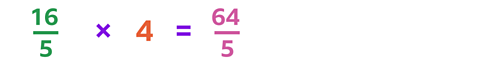 16 fifths multiplied by 4 is 64 fifths 