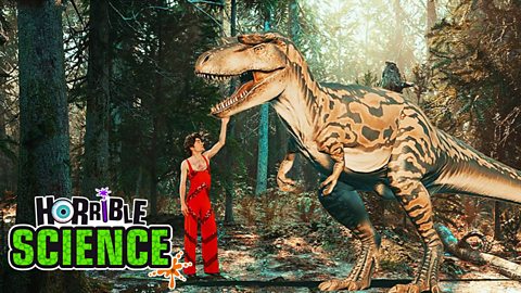A man affectionately petting a dinosaur even though it looks pretty savage