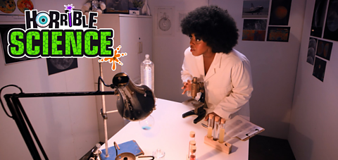 A scientist in a lab looking at scientific photos on the wall.