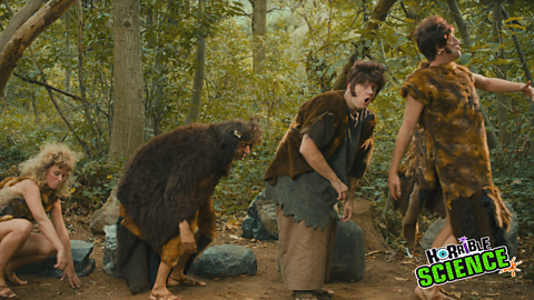 Still photograph of the band in the 4 stages of evolution of man.