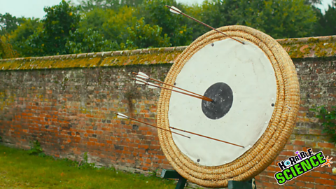 A still photograph from the clip showing arrows on a archery board where three are precise and accurate in the bullseye and three others are spread out across the target.