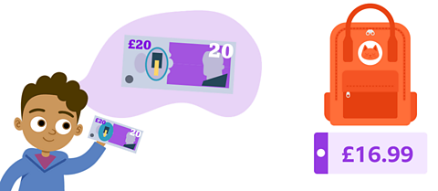 James paying £20 for a rucksack