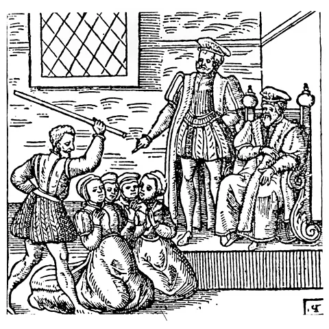 Getty Images A 1591 engraving of King James interrogating women of North Berwick accused of witchcraft (Credit: Getty Images)