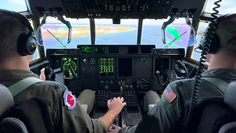 U.S. Air Force 53WRS Commander Lt Col Stephen Pituch and Capt Nate Wordal landing on Kwajalein Island en route to Japan (Credit: U.S. Air Force)