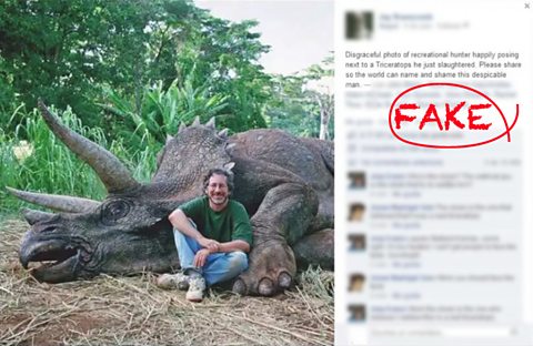 An image of Steven Spielberg on the Jurassic Park set with a dinosaur alongside text from a Facebook post suggesting it was an image of a hunter