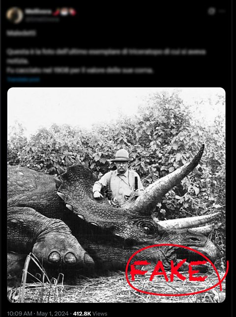 A fake image of former US president Theodore Roosevelt with a Triceratops