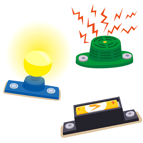 A cartoon lit lightbulb, a buzzer emitting sound and a battery