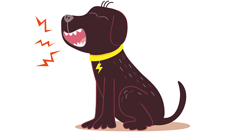 A brown cartoon dog wearing a yellow collar barking