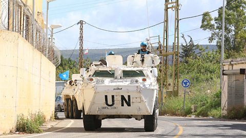 A convoy of United Nations peacekeeping force's tanks in Lebanon patrolling the road near the border with Israel in the southern Lebanese coastal town of Naqura.