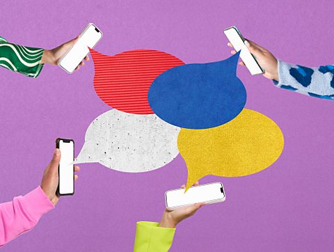 Four hands holding up their phones with speech bubbles coming out of them to represent that they are all talking in a group chat.