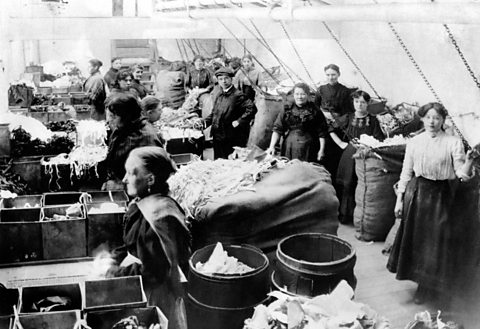 A photo of female workers in a textile factory, c. 1900.