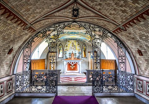  The decorated interior of the Italian Chapel on the small island of Lamb Holm in the Orkney Islands.