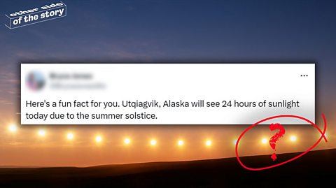 A tweet saying that Utqiagvik, Alaska will see 24 hours of sunlight on the summer solstice, with a timelapse image of a sun behind it.