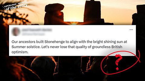 A tweet saying that Stonehenge was built to align with the Summer solstice sun, with a photo of Stonehenge at sunset behind it.