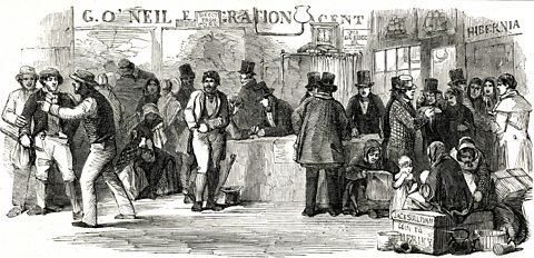 An engraving from the 1800s showing an Irish Emigration Agent's Office.