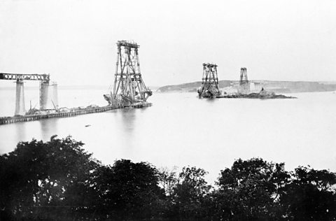 A photo of the Forth Rail Bridge under construction, 1887.