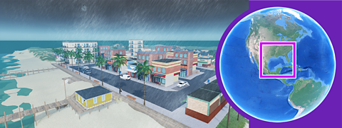 Image of heavy rainfall on a coastal town