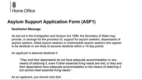 The opening section of the government's Asylum Support Application Form (asp1) with the Home Office logo in the top left corner.