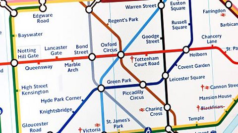 A zoomed-in map of the London Underground, with Tottenham Court Road in the middle, Warren Street and the top and Charing Cross towards the bottom.
