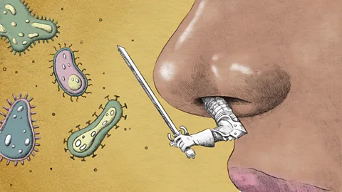 Emmanuel Lafont An illustration of a nose with an arm holding a sword coming out of one of the nostrils, warding off viruses and bacteria (Credit: Emmanuel Lafont)