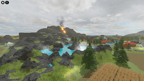 A scene showing a volcano and the surrounding land.