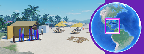 Image of a sandy beach with deckchairs and umbrellas.