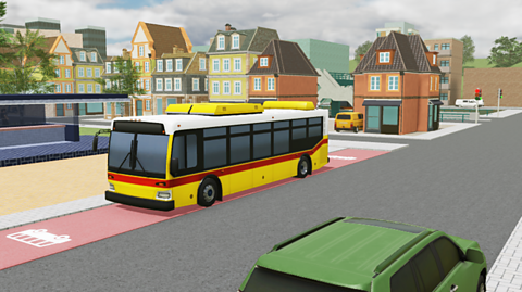 A scene showing a bus at a stop in a city.